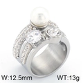 18k gold plated stainless steel wide ring with large white pearl and zircon accents - US 6 / Silver Three-row Pearl Rhinestone Style (KR33253-K)