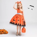 Detail of girl's pumpkin witch dress with headband and matching treat bag for Halloween - 130cm / WS020-Orange (With Headpiece+Bag)