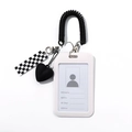 Detail of checkered card holder with retractable heart keychain on white background - White Card Sleeve + Checkerboard Pendant