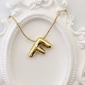 3D puffy letter F pendant necklace in gold finish with delicate beaded snake chain - Gold Letter F
