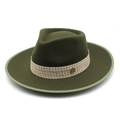 Detailed view of dark olive wool fedora hat with woven band and gold metal logo pin - M(56-58cm) / Army Green