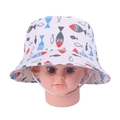 Detail of white cotton baby sun hat with colorful fish pattern and elastic chin strap - 50cm / White Base Small Fish