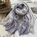 Blue and white striped cotton linen scarf with soft fringe edges for men and women - Denim Blue