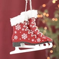 Décorations de Noël en bois patins à glace rouges avec bordure en fourrure blanche - Bottes Rouges / Paire / Rouge