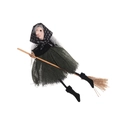 Halloween witch doll hanging decor with green mesh skirt on a wooden broomstick - Green Witch on Broomstick / Green
