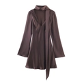 Elegant chocolate brown silk satin long sleeve dress with deep V-neck and scarf tie detail - XS / Coffee