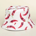 White bucket hat with cartoon red chili prints for sun protection and outdoor style - M (56-58cm) / White