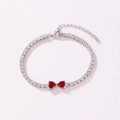 Elegant silver-tone tennis bracelet with red heart zircon center and extension chain. - Heart to Heart Style (Red Rhinestone) / White Gold