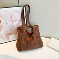 Brown corduroy tote bag with red strawberry print and sturdy shoulder straps - Brown