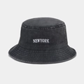 Detail of vintage washed grey bucket hat with white New York embroidery and metal eyelets - One Size / Black