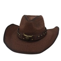 Brown straw western cowboy hat with metal bull head emblem and vintage leather band - Coffee (Bull Head Decor)