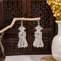 Vintage silver Bohemian floral drop earrings with long tassel design on wooden branch - Vintage Hollow Tassel Style (E4226)