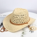 Cappello da cowboy pieghevole in paglia con tesa larga e cordino regolabile per la spiaggia - Cachi