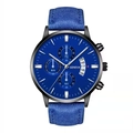 Men's business quartz watch featuring blue dial, blue leather strap, and black case - Black Case Blue Face Blue Strap
