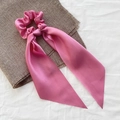 Pink satin hair scrunchie with long ribbons on a brown woven mat background - 5# Pink