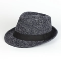 Detailed view of the blue and white textured weave and black satin ribbon on the fedora hat - Adjustable / Navy Blue