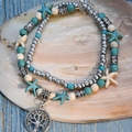 Double-layer silver beaded anklet with turquoise and tree of life charm in beach style - Tree of Life