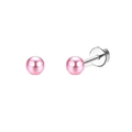 Detail view of pink spherical stud earrings with silver stainless steel flat base - Pink Pearl