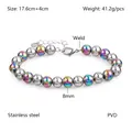 Détail du bracelet en perles acier inoxydable 8mm montrant dimensions et placage PVD - Grande Perle Ronde / Couleur AB