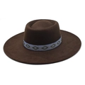 Detail of dark brown wool fedora hat featuring geometric embroidered hatband - M / Brown