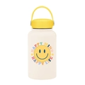 650ml cream stainless steel vacuum flask with yellow smiley face and carry handle - Happy Mind Happy Life