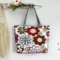Women's floral canvas tote bag with vintage flower print and grey shoulder straps - White Sunflower