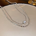 Double-layered silver necklace with faceted metal beads and a large white pearl pendant - Large White Pearl Shattered Silver Double Layer Chain (25#)