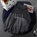 Dark gray fleece hoodie for men and women with white heart heartbeat graphic print - S / Tops / Dark Gray