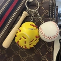 Miniature baseball keychain set with wooden bat and yellow glove hanging on a bag - 3.5CM White Ball Yellow/Red