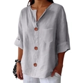 Dettaglio della maglia in cotone lino grigio chiaro con scollo a V, bottoni e tasca - 3XL / Grigio Chiaro (8088# Stile Tasca Triplo Bottone)