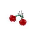 Detailed close-up of a red cherry pendant with green leaf for DIY jewelry making - VD1643 Platinum Red Enamel Cherry