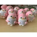 Handmade pink and white crochet penguins with positive message cards on wood - Pink Penguin