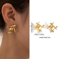 Golden geometric stud earrings with cross frame design and product measurements - Zjge0659