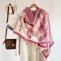 Pink cashmere-feel scarf with magnolia flower pattern and tassels on elegant coat - Lotus-Rose Red