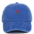 Detail of red rose embroidery on vintage washed navy blue cotton baseball cap - Sapphire Blue