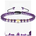 Adjustable amethyst beaded bracelet with gold heart pendant and black braided cord - Amethyst