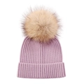 Detail of purple ribbed knit beanie for children with soft faux fur pompom for winter warmth - Light Purple