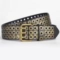 Punk black leather belt with triple row metal eyelets and triple prong brass buckle - 110*3.8cm / Black+Bronze Buckle