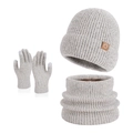 Three-piece light gray winter set with cable knit hat, fleece neck warmer, and touch gloves - Marl Beige (3-Piece Set)