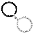 Set bracciali magnetici per coppia con pietre nere opache e marmo bianco e chiusura a cuore - Bracciale di Perline Onice Opaco e Turchese Bianco