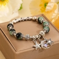 Retro beaded bracelet with green gradient beads, star and moon charms, in vintage silver - Retro Star Moon Green Stone Engraved Bracelet (9846)