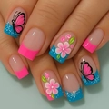 Pink French nails with blue floral and butterfly hand-painted designs on a manicured hand - French Flower Butterfly Style (CW831)