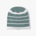 Knit beanie in gray-green and white stripes with faux fur texture for winter warmth - Green (24B105)