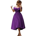 Elegant deep purple off-shoulder satin gown with a pleated cross V-neck and A-line silhouette - US size 12 (L) / Bottoms / Purple