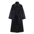 Detailed view of women's long black wool coat with tie waist belt and button closure - XS / Black