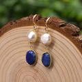 Vintage gold drop earrings with white natural pearls and blue lapis lazuli stones - Lapis Lazuli Baroque Drop