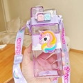 Purple square cartoon water bottle for kids with silicone unicorn and rainbow strap - 520ml / 2055 Purple Unicorn