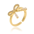 Detailed view of adjustable bow ring with sparkling crystals and small white pearls - Bowknot Pearl Style (CXJ-1436)