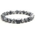 Elastic beaded bracelet with 8mm black and white marble stone and black cylinder bead - Grey Peacock Stone