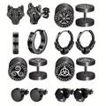 8-pair set of black stainless steel stud earrings featuring Viking runes and wolf motifs - Black Viking Rune Set (36010)